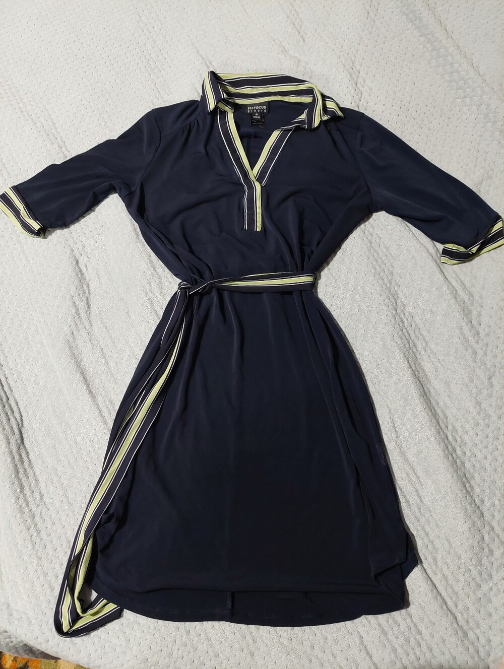 Enfocus Studio Navy Midi Shirt Dress with Lime-Trim Tie Belt